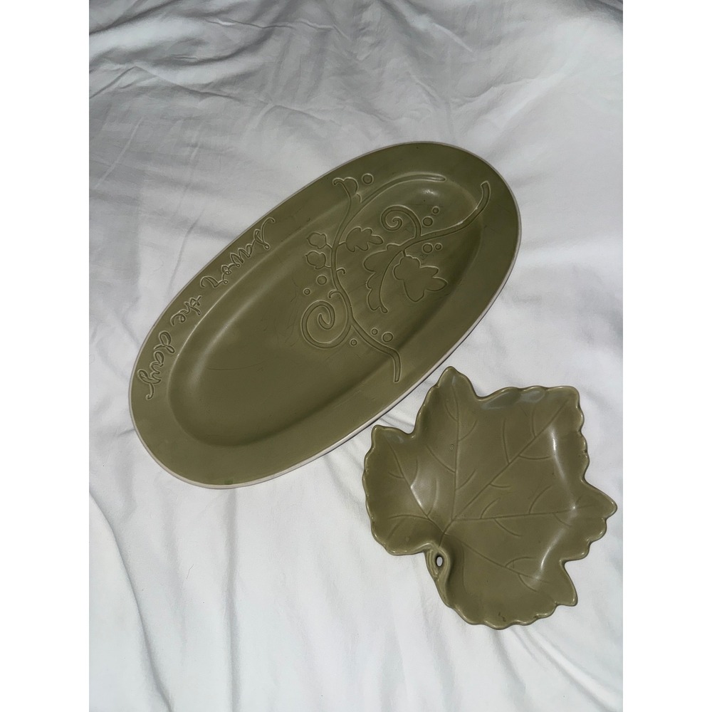 Hallmark Savor the Day Sage Green Ceramic Oval Platter and Leaf Bowl Set 2pc